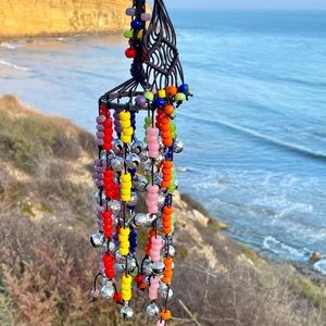 Eclectic Chakra Rainbow Pride Bohemian Wind Chime Mobile Glass Beads & Bells